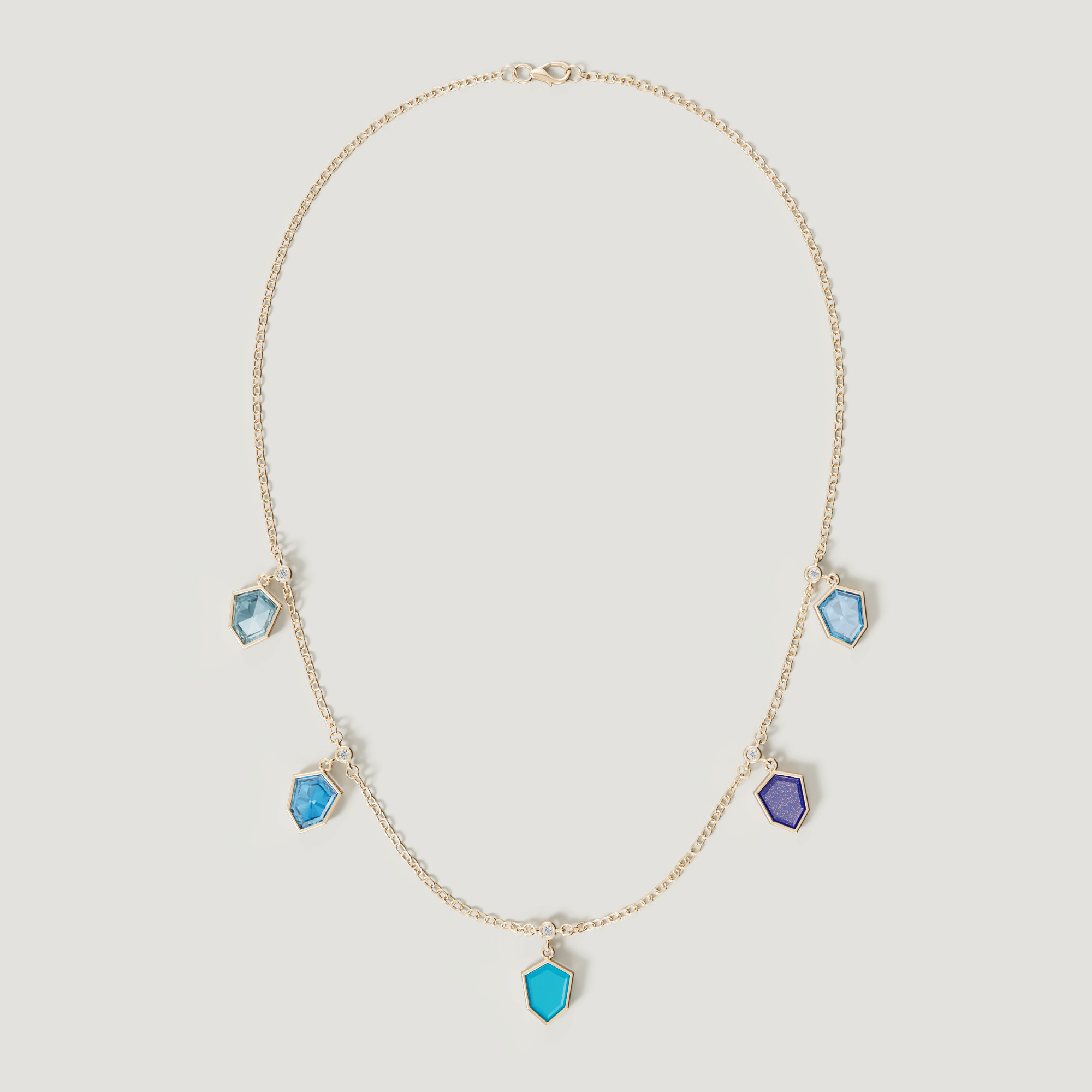 Spring 18k Yellow Gold Necklace With London Blue Topaz Lapis Lazuli Turquoise And Diamond