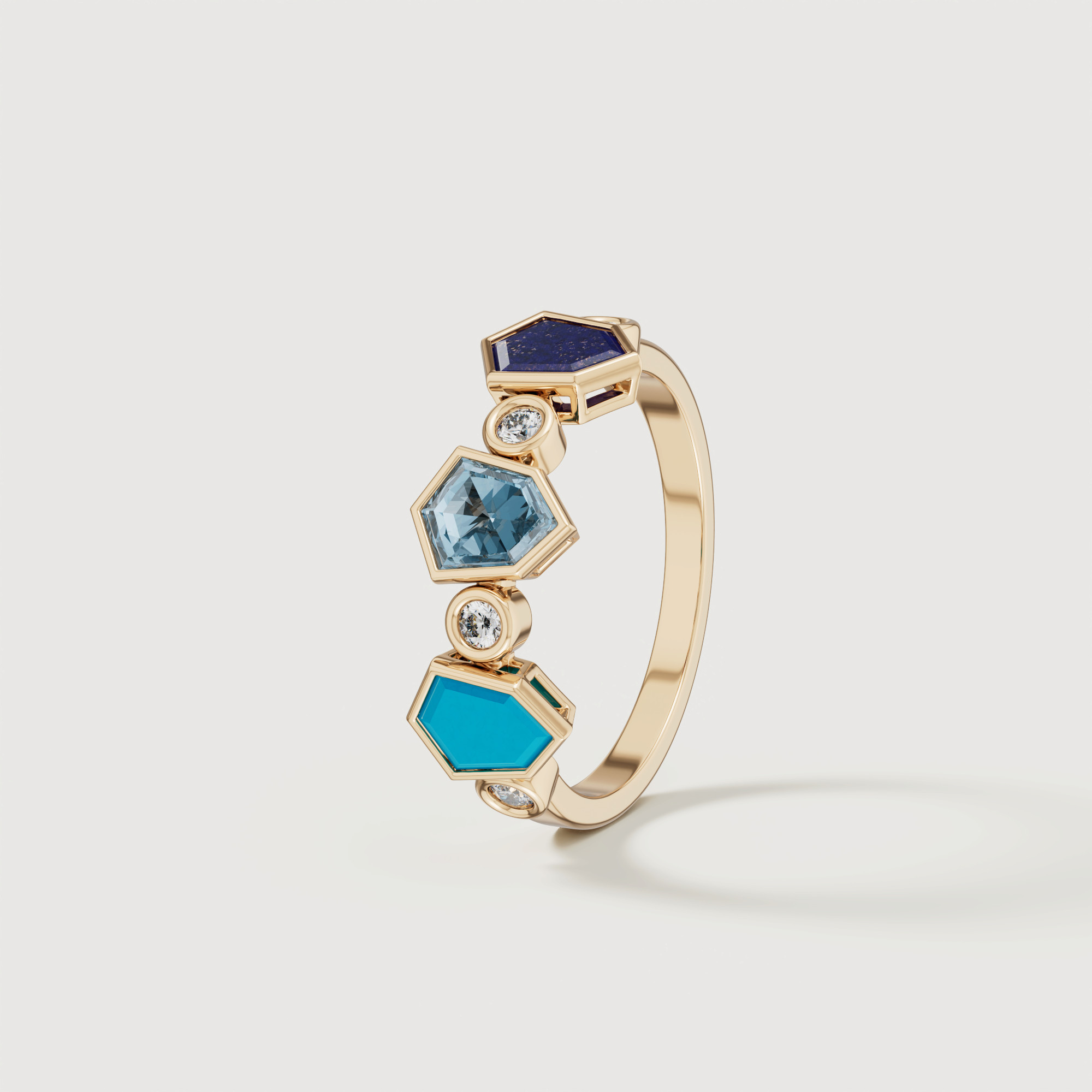 Spring 18k Yellow Gold Ring With Turquoise Lapis Lazuli Swiss Blue Topaz And Diamond