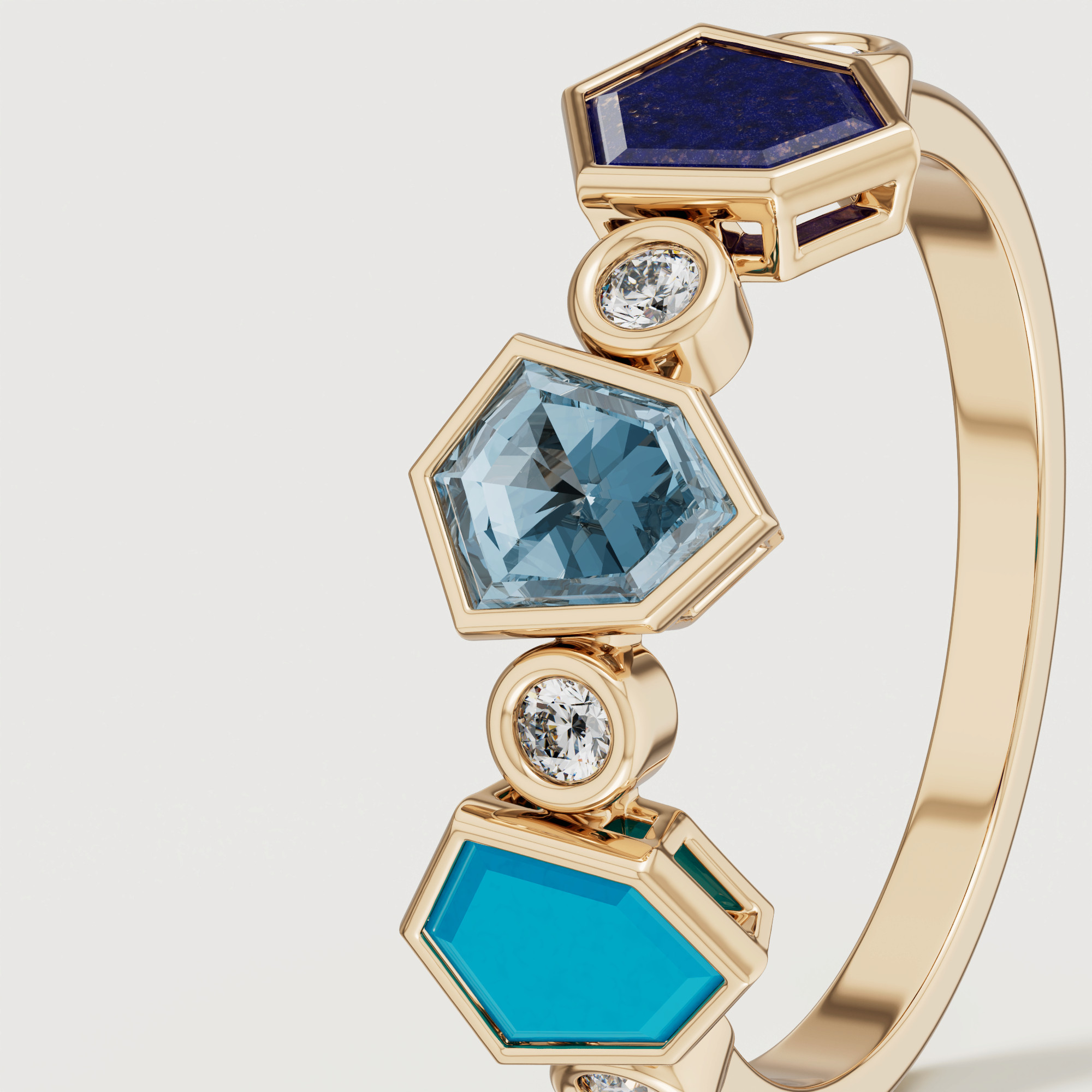 Spring 18k Yellow Gold Ring With Turquoise Lapis Lazuli Swiss Blue Topaz And Diamond