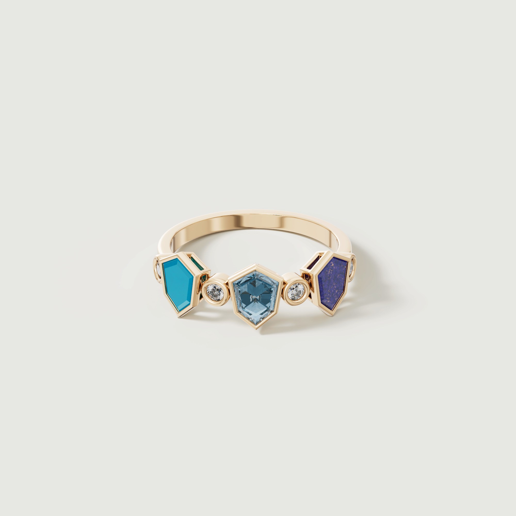 Spring 18k Yellow Gold Ring With Turquoise Lapis Lazuli Swiss Blue Topaz And Diamond