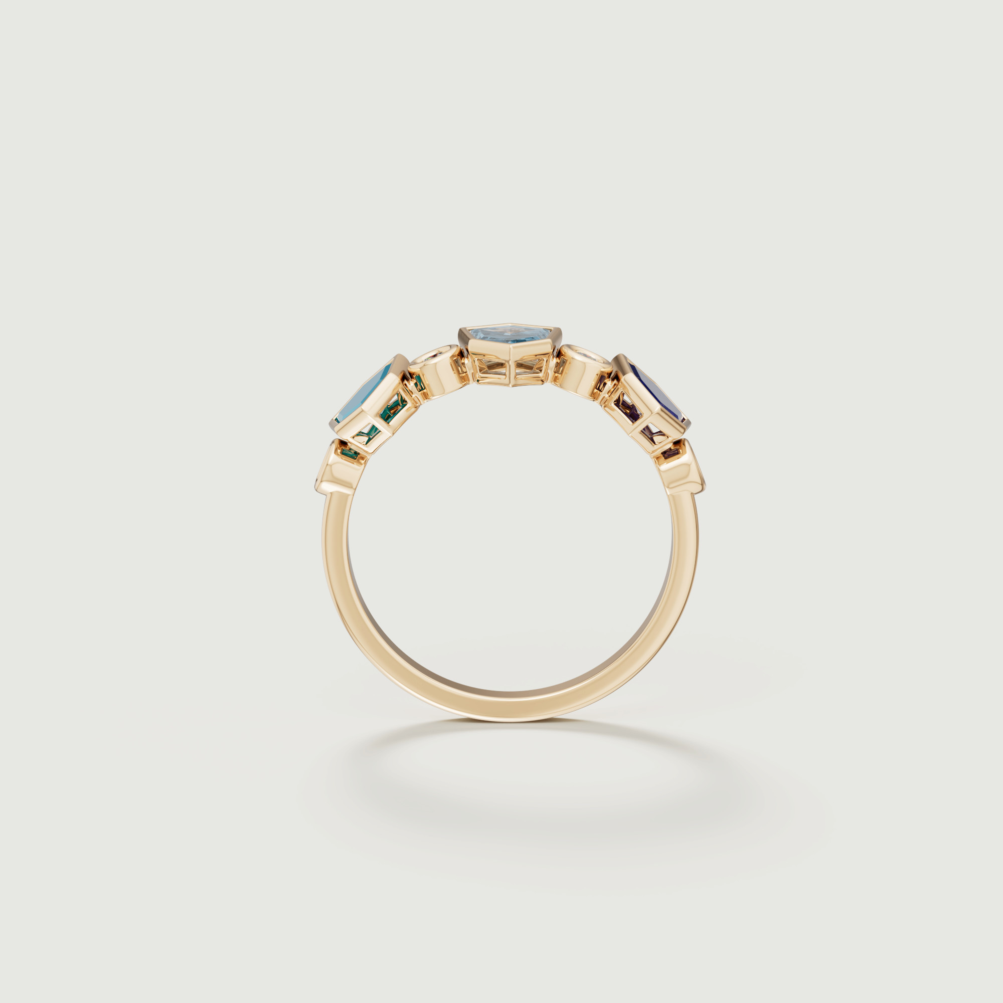Spring 18k Yellow Gold Ring With Turquoise Lapis Lazuli Swiss Blue Topaz And Diamond