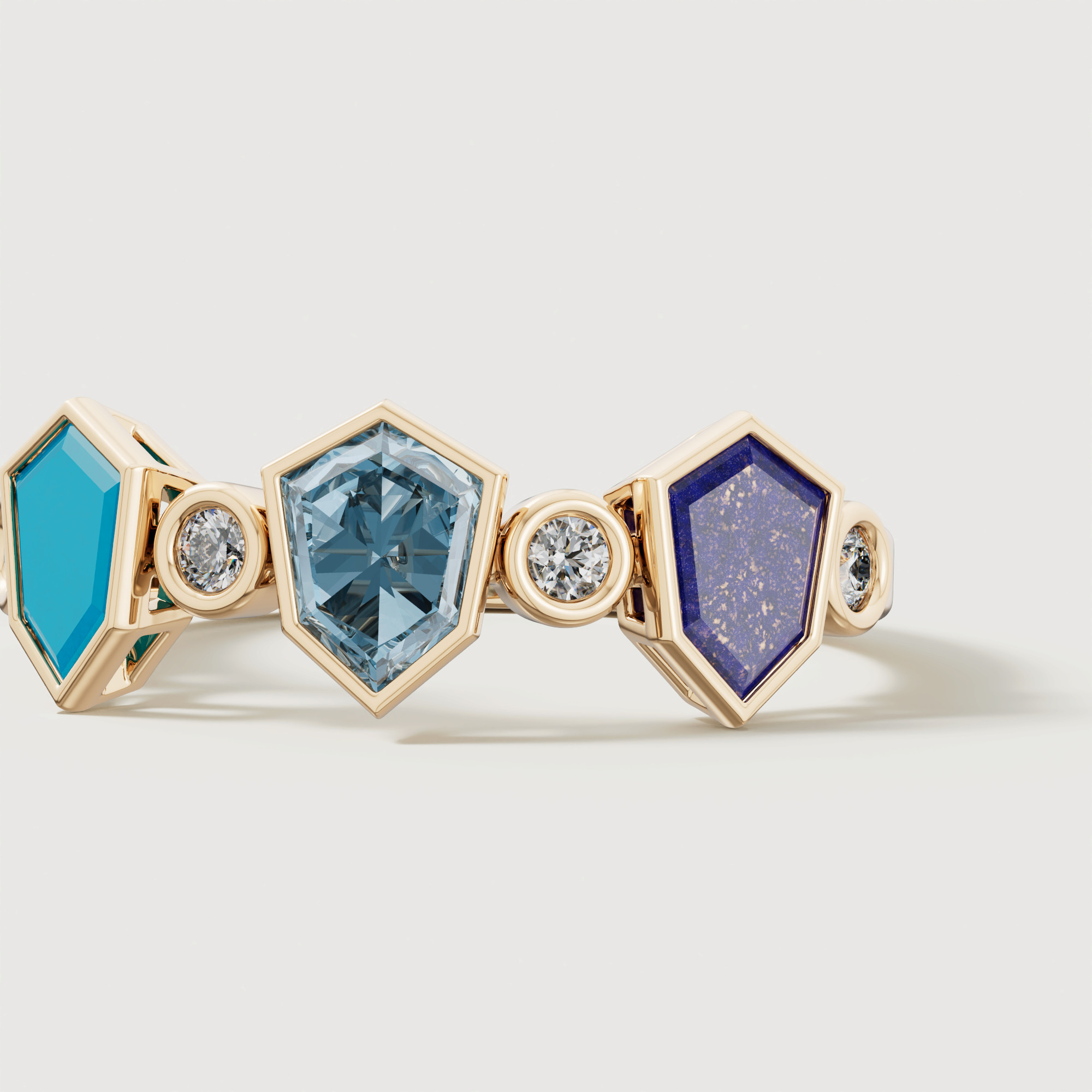 Spring 18k Yellow Gold Ring With Turquoise Lapis Lazuli Swiss Blue Topaz And Diamond