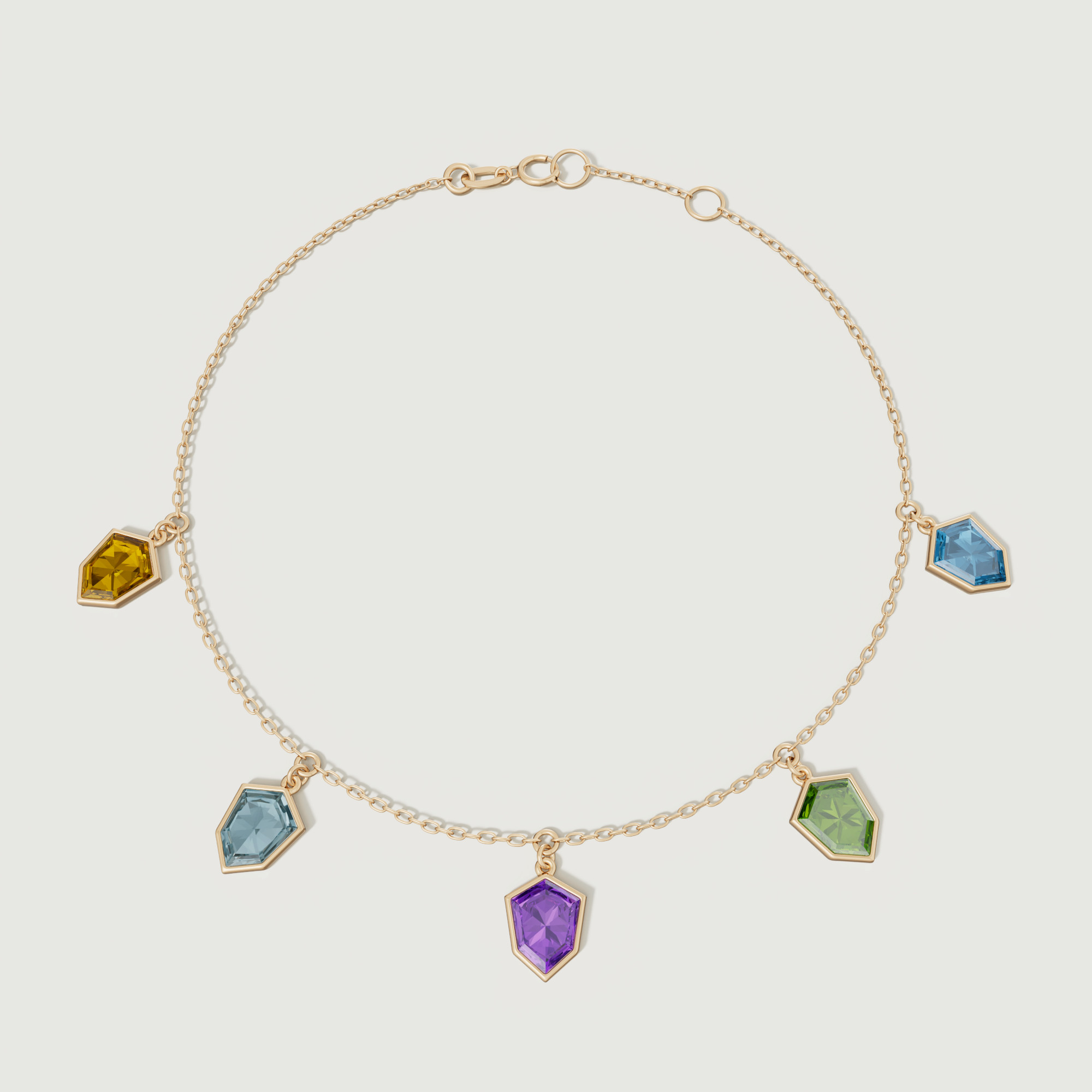 Spring 18k Yellow Gold Anklet With Amethyst Citrine Peridot Swiss Blue Topaz And London Blue Topaz