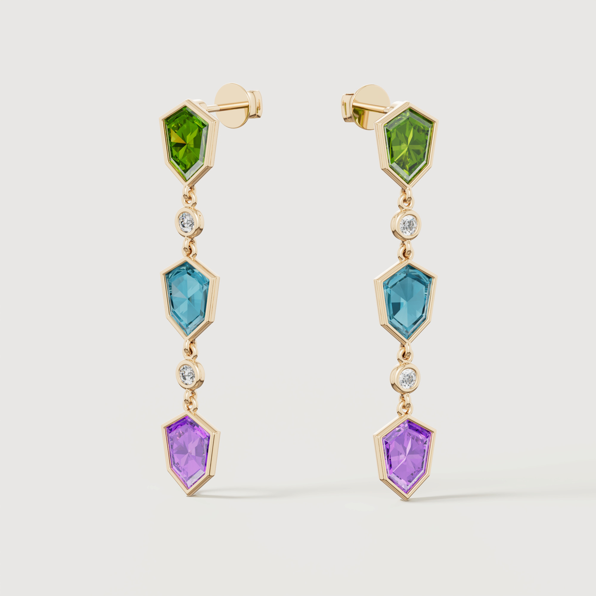 Spring 18k Yellow Gold Earrings With Peridot Amethyst Swiss Blue Topaz And Diamond