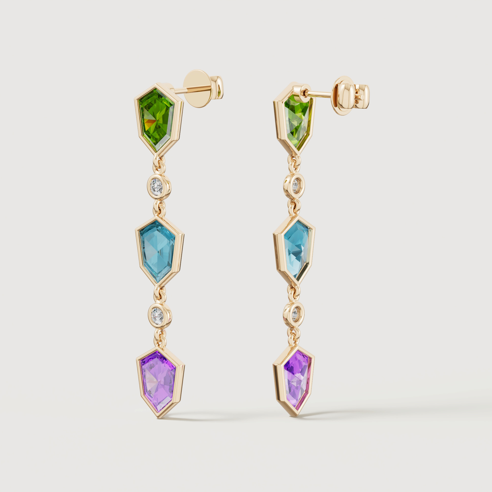 Spring 18k Yellow Gold Earrings With Peridot Amethyst Swiss Blue Topaz And Diamond
