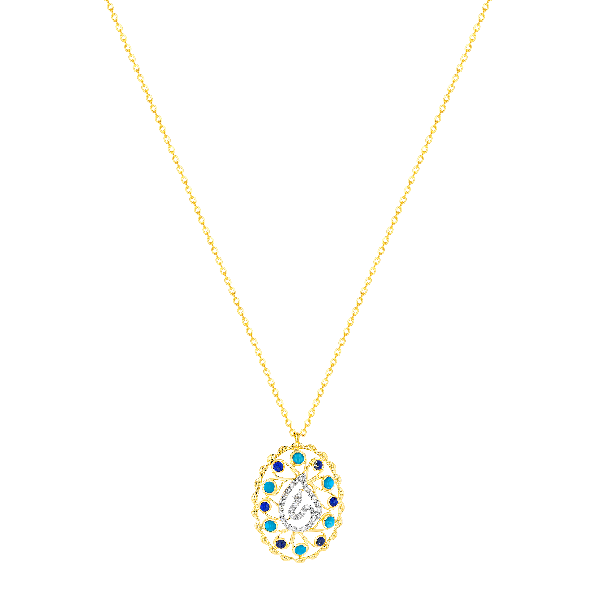 Ummi Yellow Gold Necklace With Diamond Turquoise And Lapis Lazuli