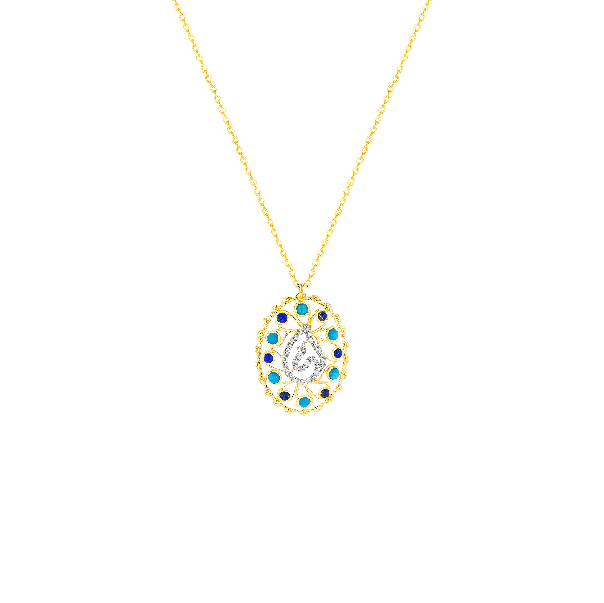 Ummi Yellow Gold Necklace With Diamond Turquoise And Lapis Lazuli