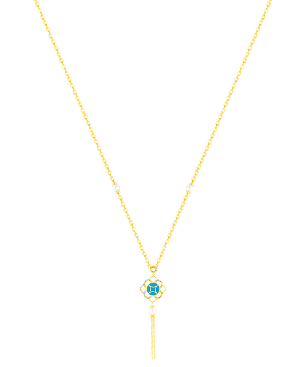 Ummi Yellow Gold Necklace With Diamond Pearl And Turquoise