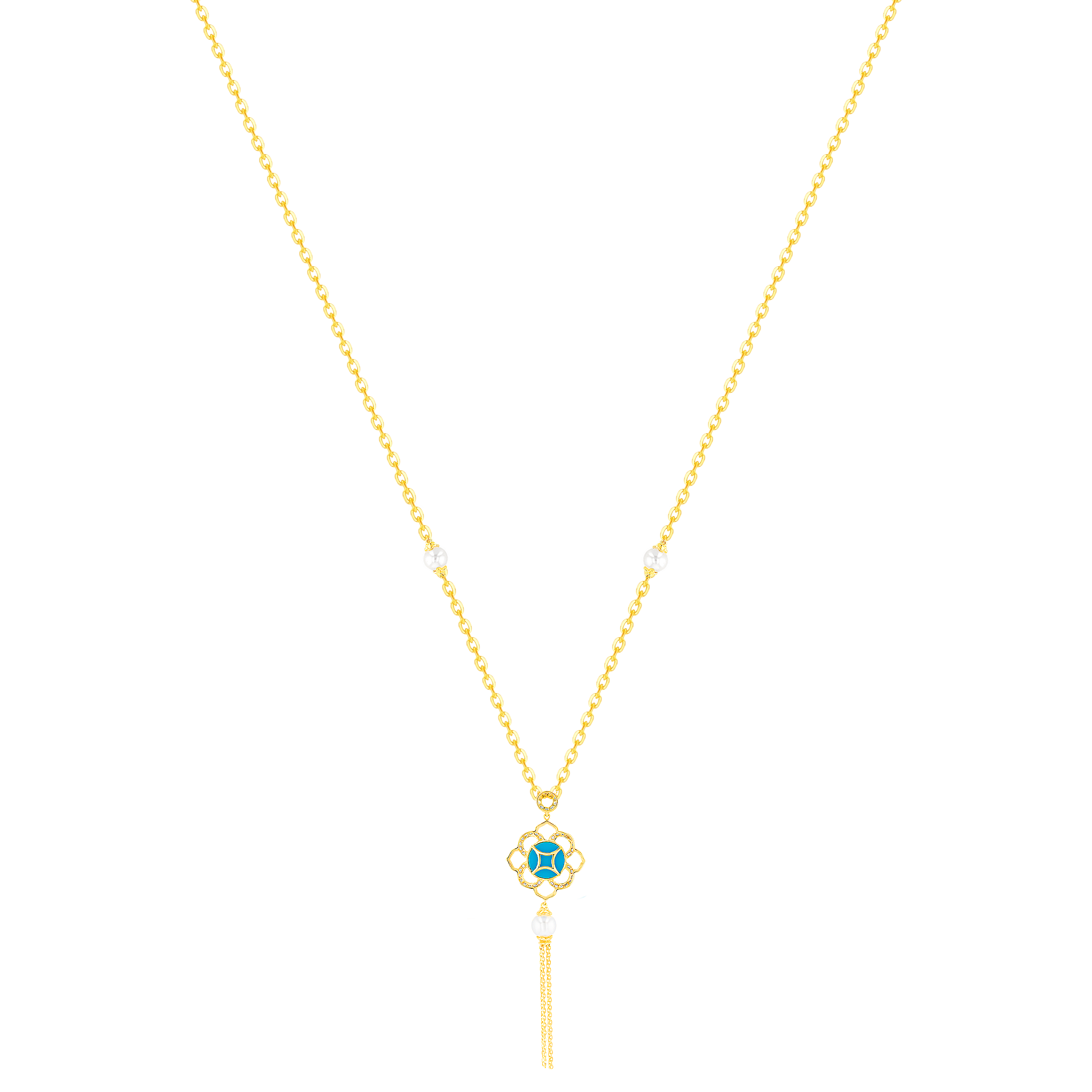 Ummi Yellow Gold Necklace With Diamond Pearl And Turquoise