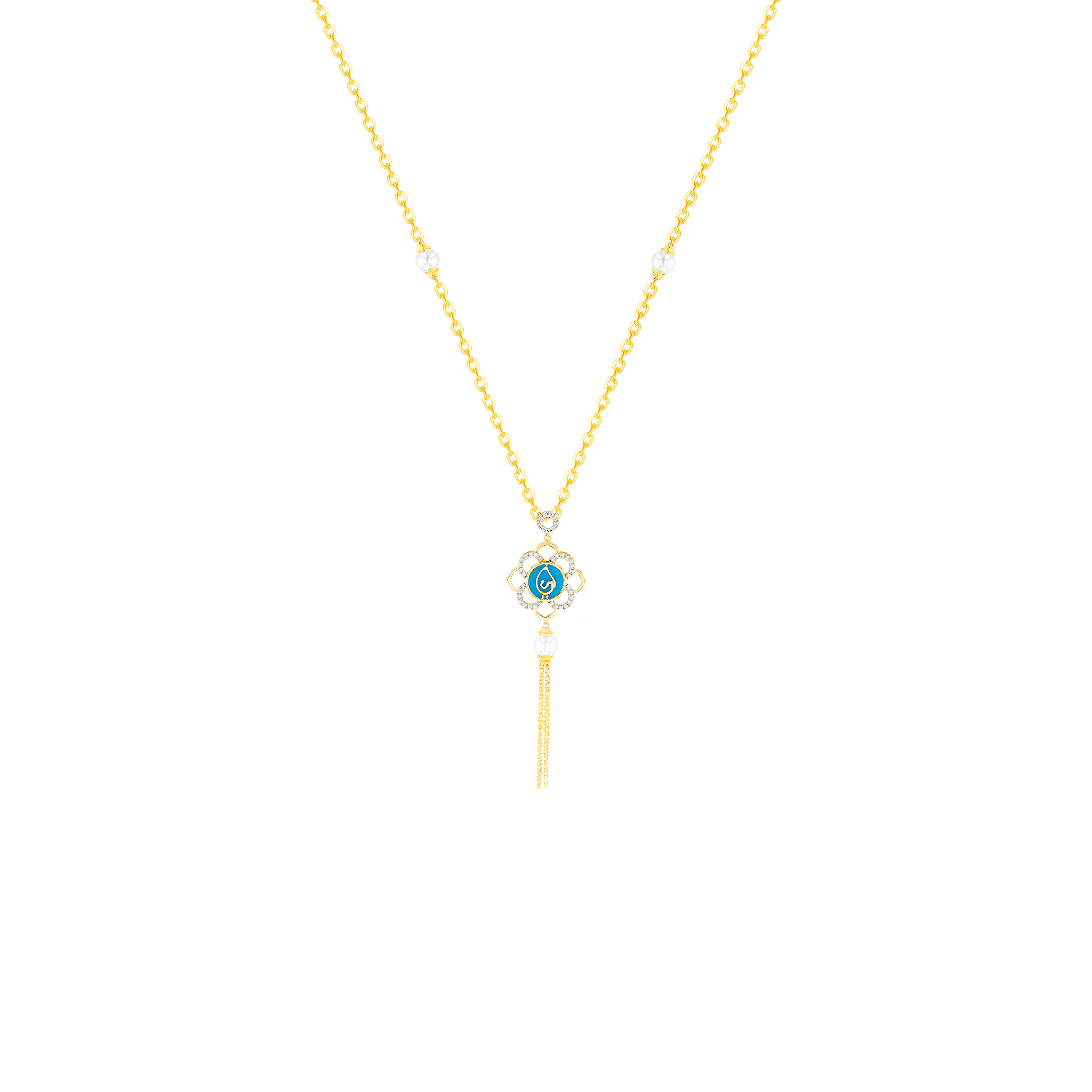 Ummi Yellow Gold Necklace With Diamond Pearl And Turquoise