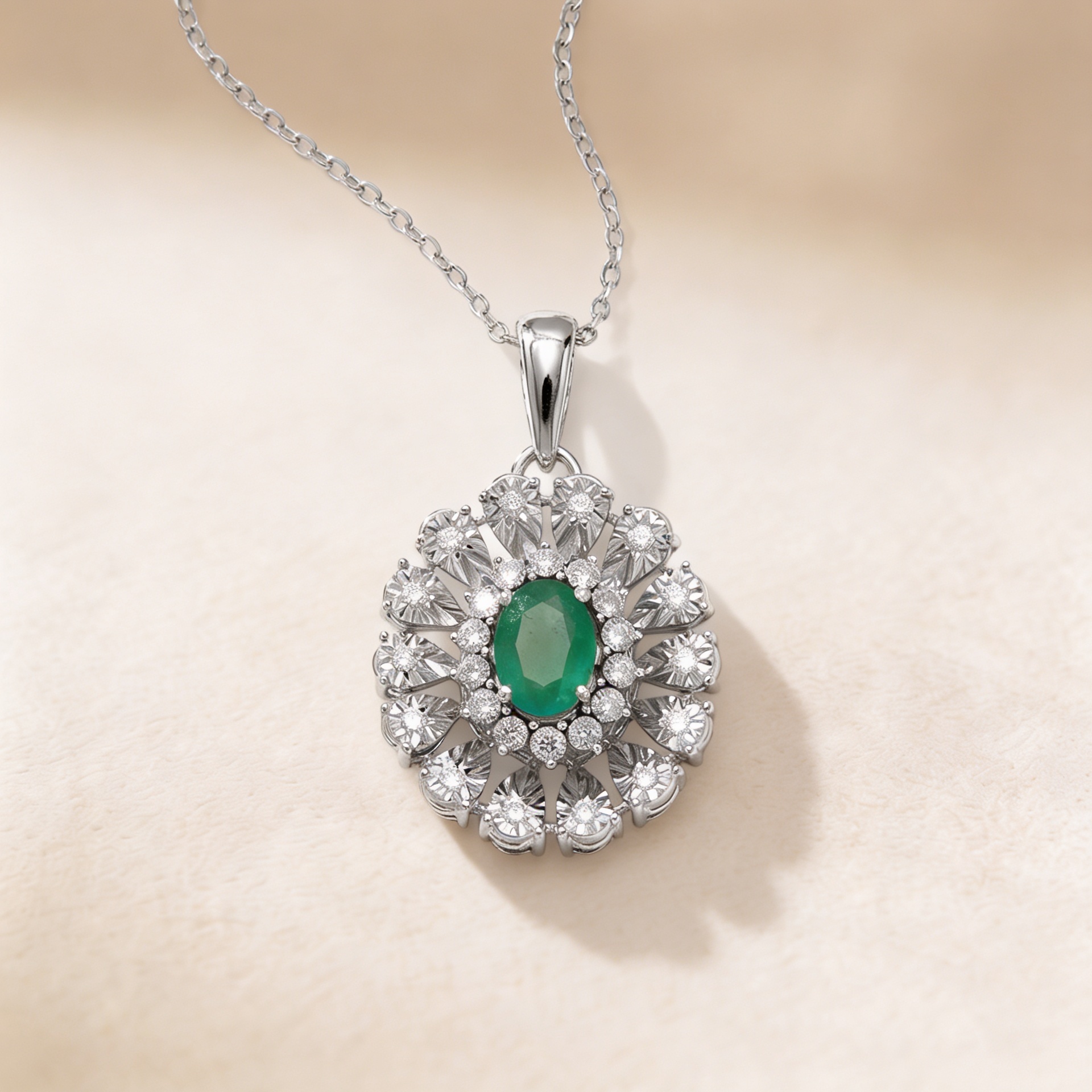 Diana Vivid 18k White Gold Diamond & Emerald Pendant