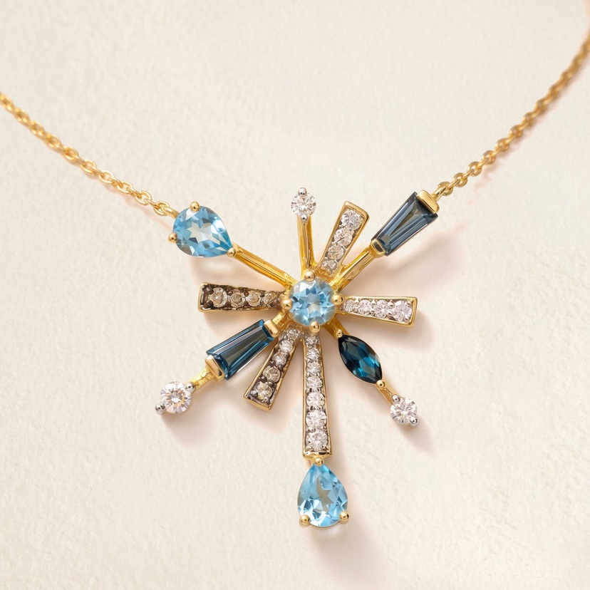 Sparkles 18K Yellow Gold Diamond, Blue Topaz & London Topaz Necklace
