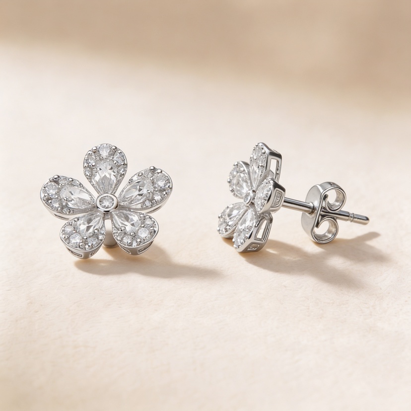 Flora Diamond Earrings In 18k White Gold