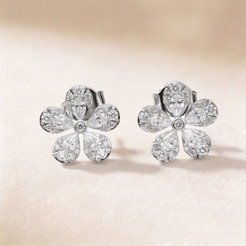 Flora Diamond Earrings In 18k White Gold