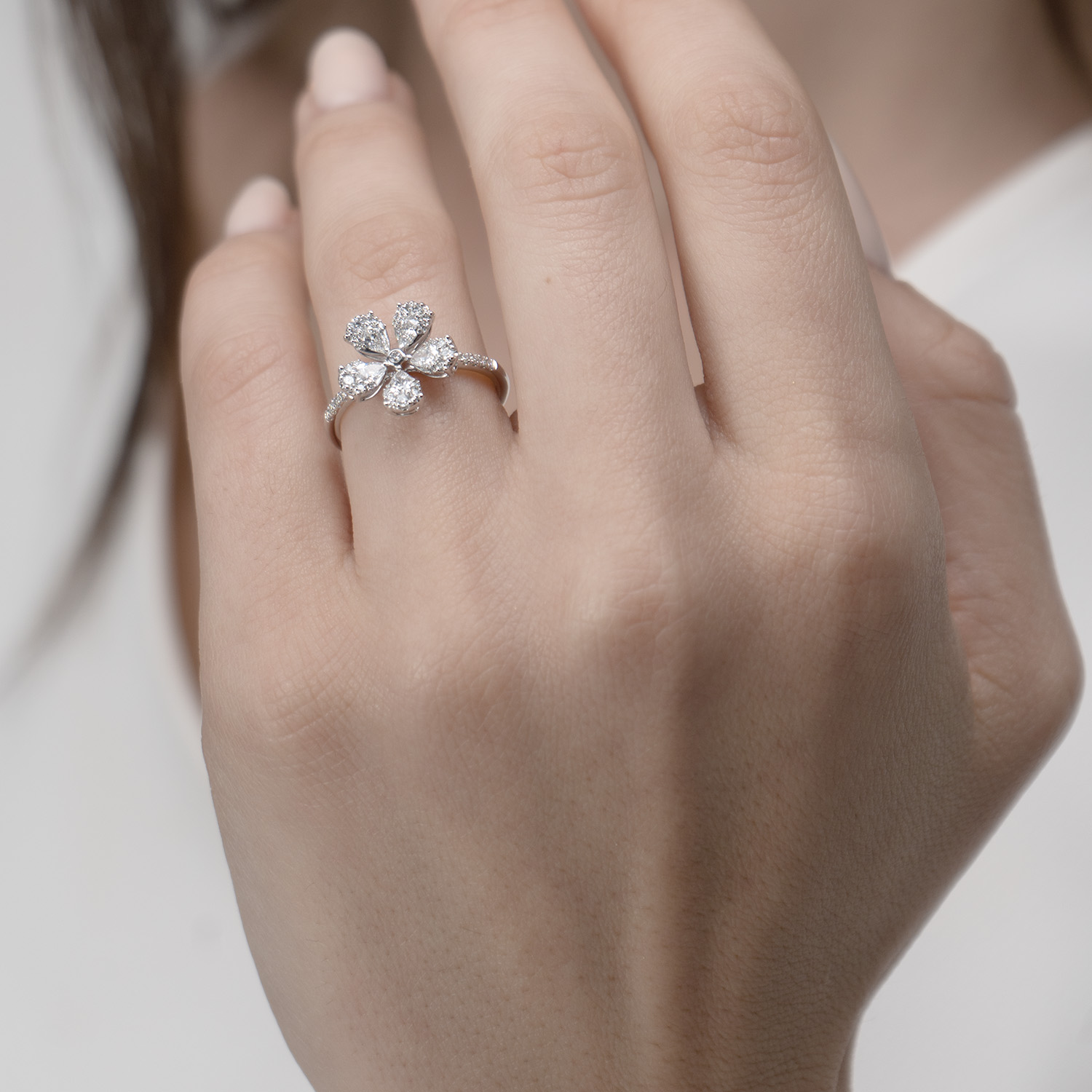 Flora Diamond Ring In 18k White Gold