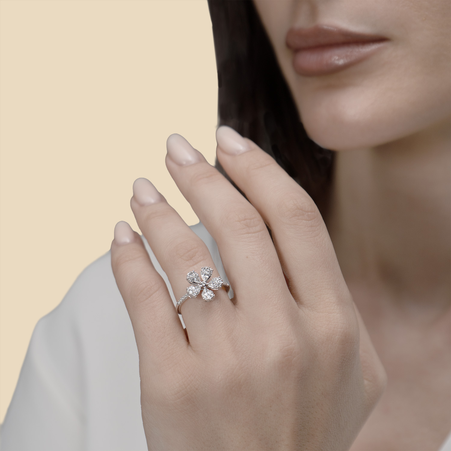 Flora Diamond Ring In 18k White Gold