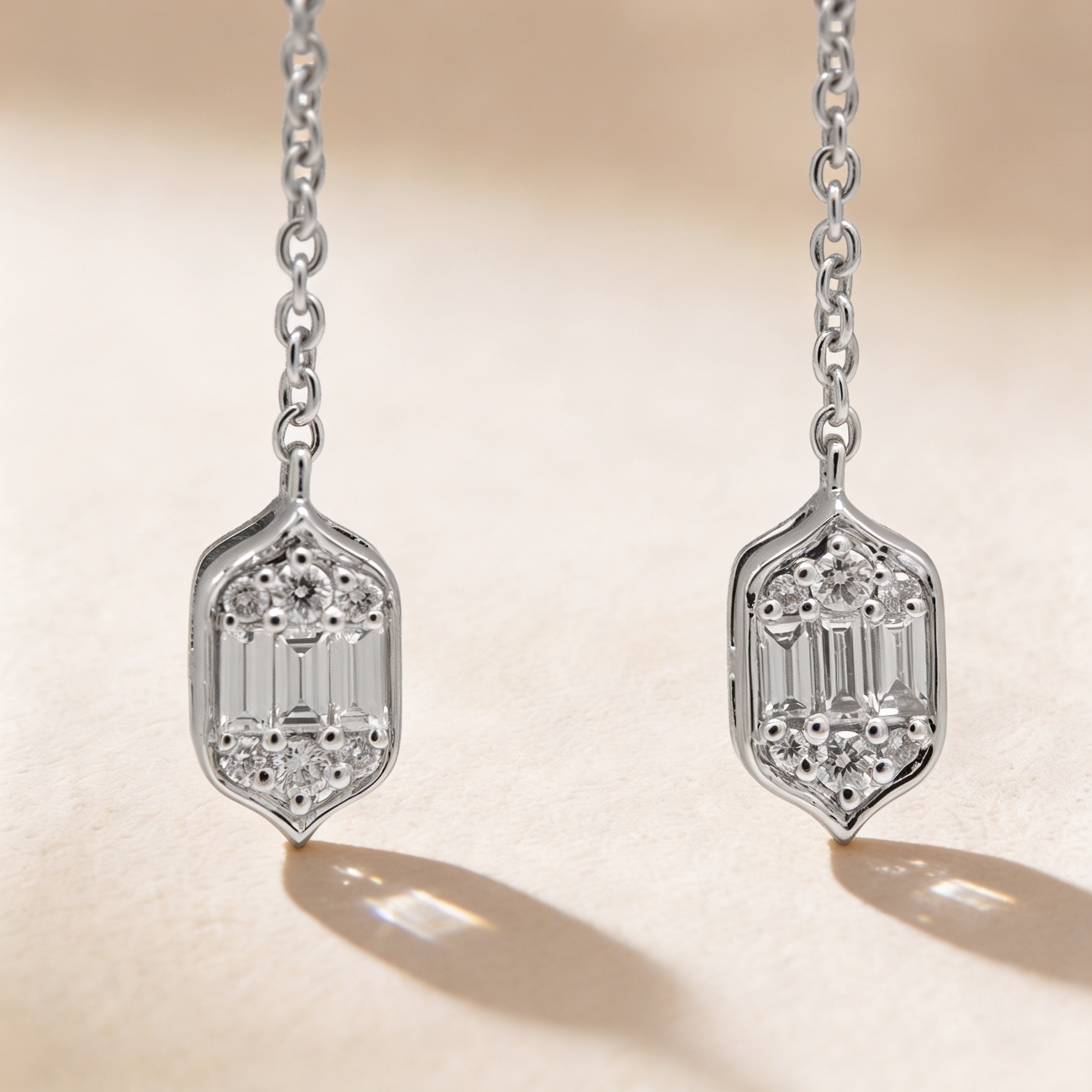 Palace Baguette Cut Long 0 3carat Diamond Drop Earrings 18k White Gold